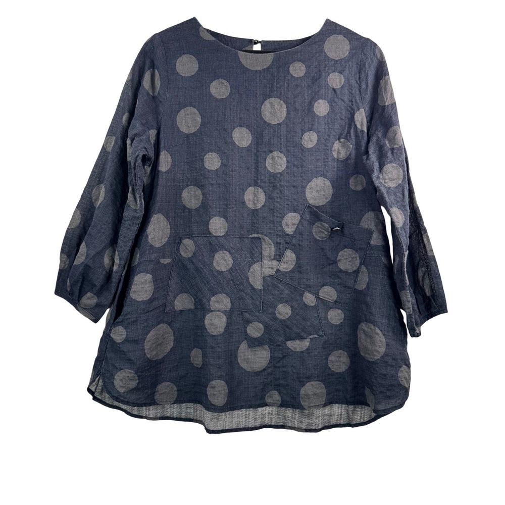 Terra Tunic sz S Navy Grey Polka Dot Lagenlook Cotton Blend Top artsy